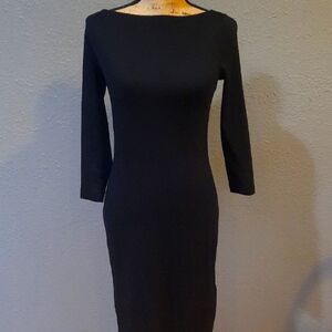 Black Knit Dress with Bateau Neckline and Three Quarter Length Sleeves